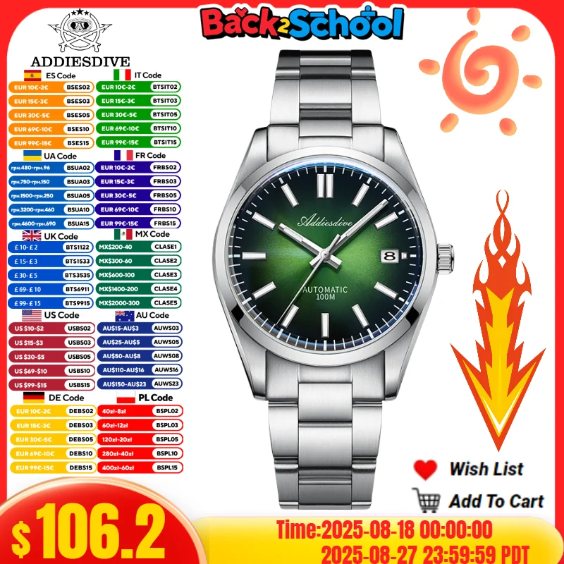 

ADDIESDIVE 39mm Automatic Mechanical Watch Sunburst Dial Sapphire Glass 100m Diving 316L Stainless Steel Men's Watch