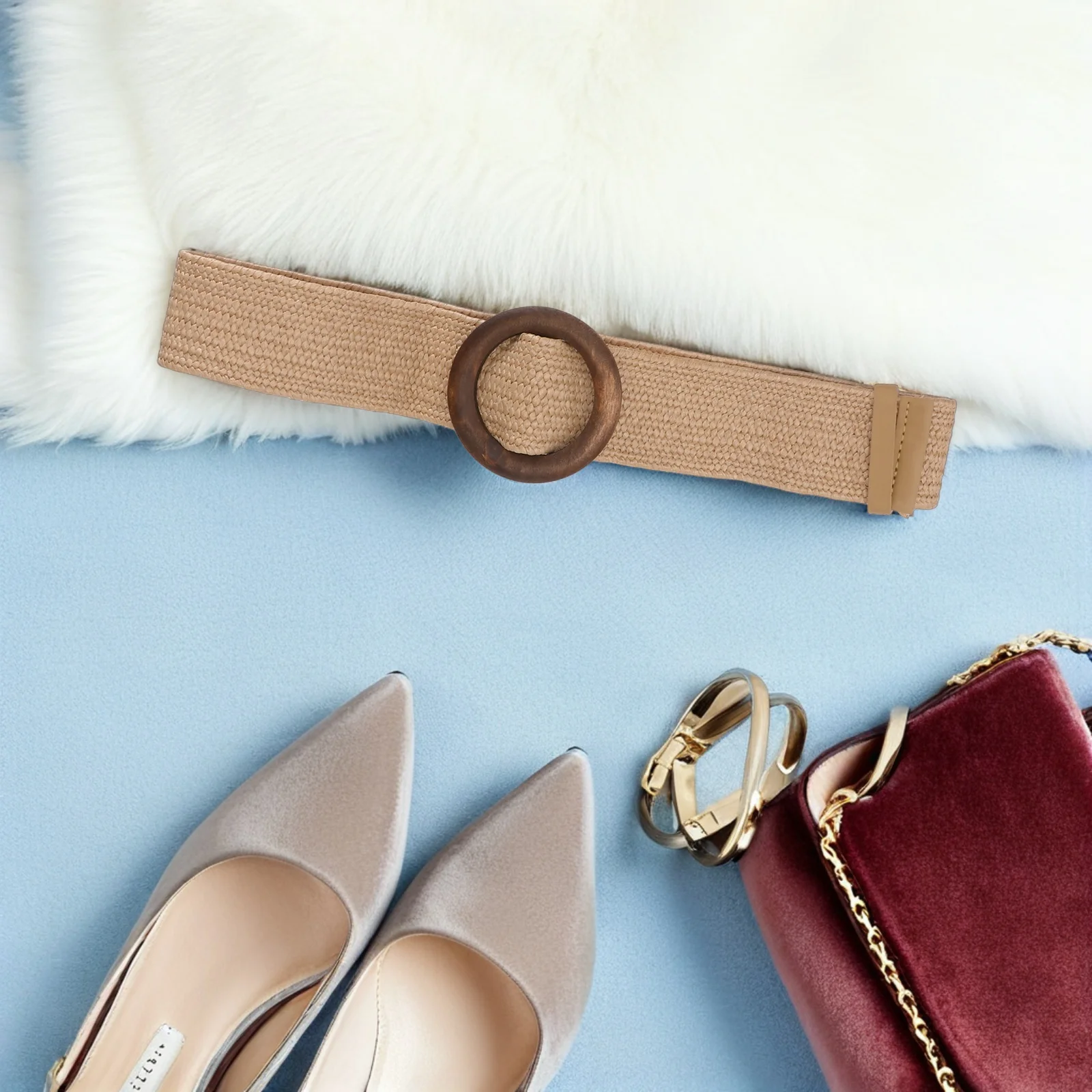 Brown Casual Woven Belt Natural PP Grass Adjustable Wood Buckle Ladies Waistband Fashion Woven Belts for Pants Jeans Bohemian