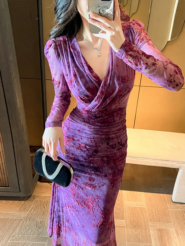 Women\'s French Elegant Maxi Dress Purple Elastic Flocking Print Mesh Pleated Shoulder Pad Fishtail Robe Party Banquet Vestodos