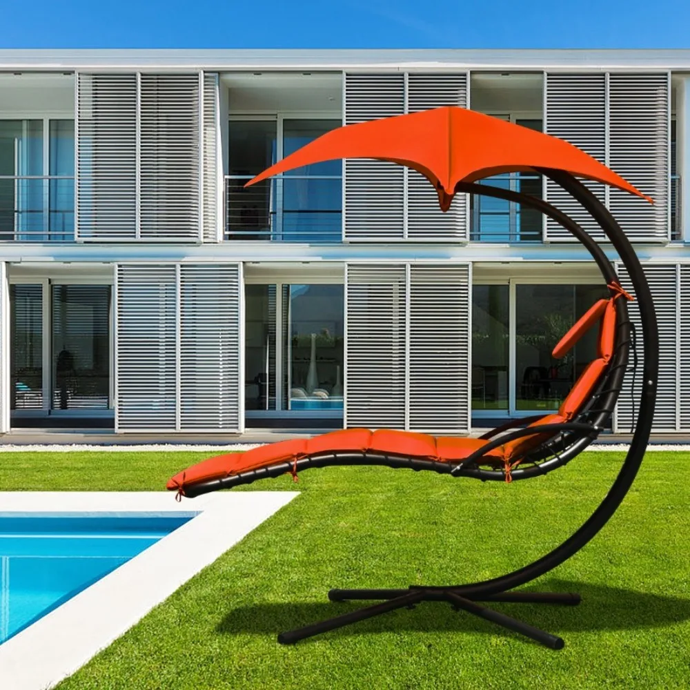 

Hanging Chaise Lounger Swing Chair Hammock Chair w/ Pillow Canopy Stand Orange