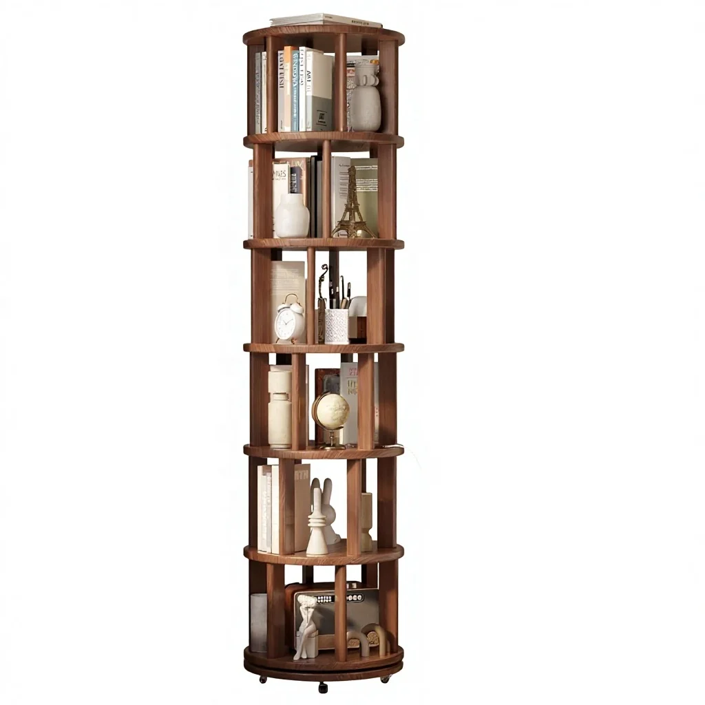 American inventory 6-story modern rotating wood bookshelf with locking wheel large-capacity storage rack
