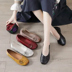 Summer First-Layer Cowhide Flats Women Shoes Ethnic Style Genuine Leather Hollow Flower Sandals Elderly Mother Shoes Crocs