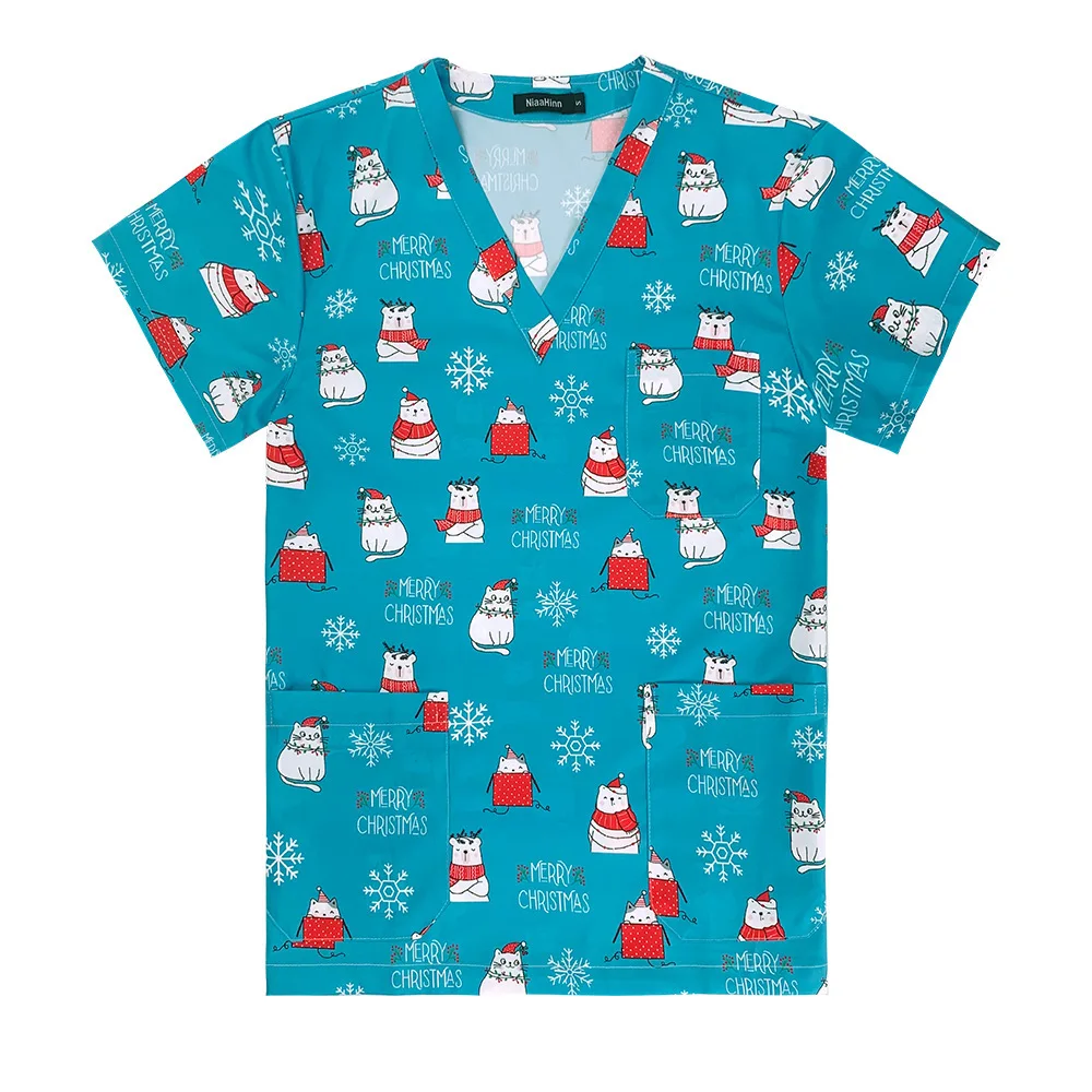 

Stretch Printed Short Sleeve Top Christmas Theme Summer Doctor Nurse Spa Beauty Salon Pet Store Hand Washing Clothes