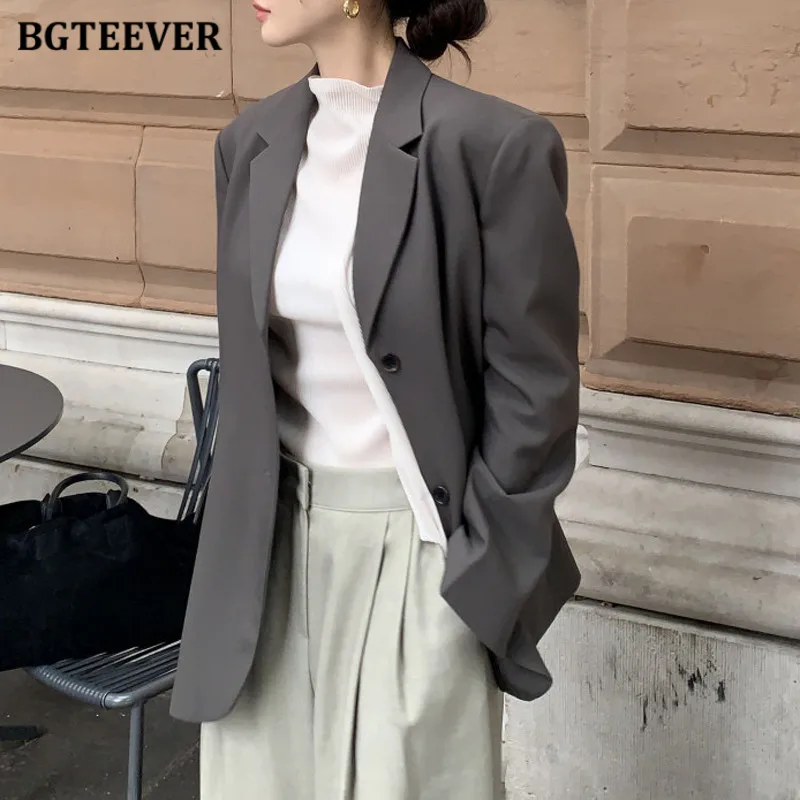 

BGTEEVER Casual Long Sleeve Notched Collar Female Blazer Jackets Autumn Vintage Loose Women Single-breasted Suit Coats