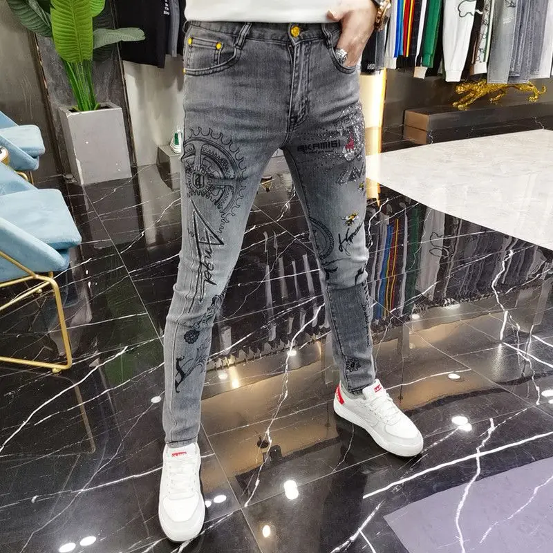 Autumn and Spring Luxury Men\'s Clothing Skinny Jeans with Tiger Head Printed and Diamond Decoration Slim Fit Streetwear Trousers