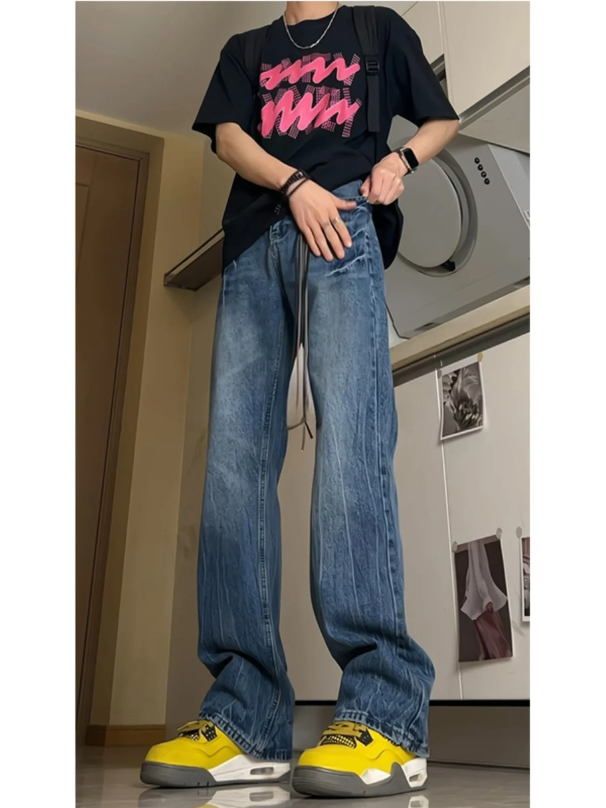

Teenage Boys High Waist Straight Leg Jeans Blue Lightning Pattern Long Trousers Wear Resistant Micro Stretch Denim Pants