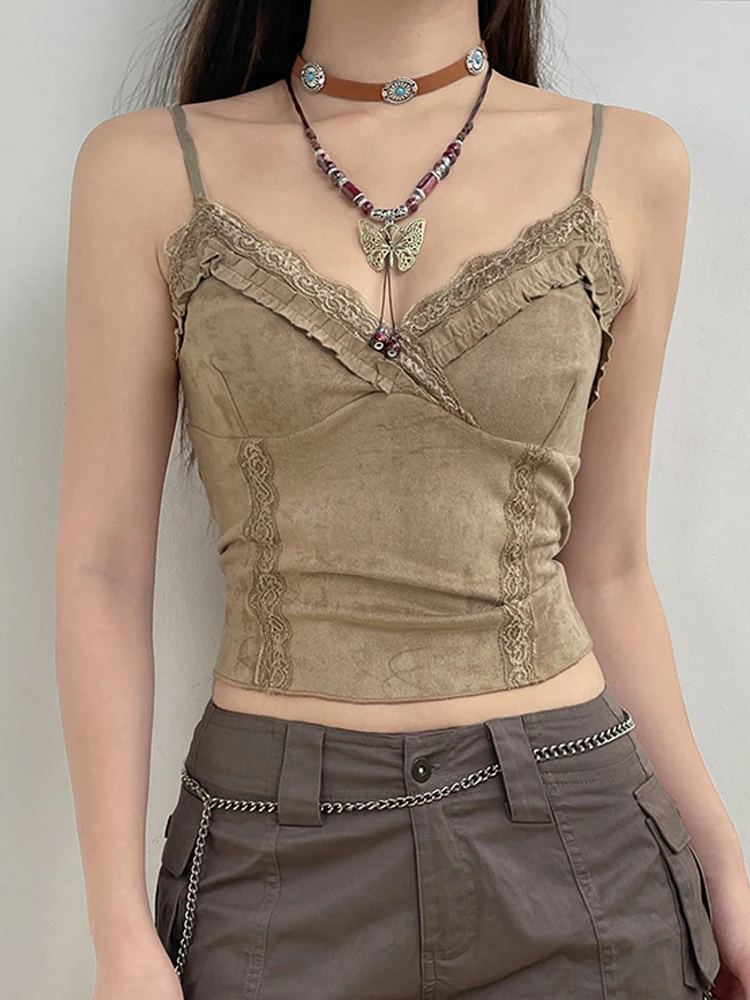 Camisola de encaje con cuello en V para mujer, camiseta Retro Sexy, sin mangas, estética Y2K, caqui, Chaleco Ajustado, 2000s