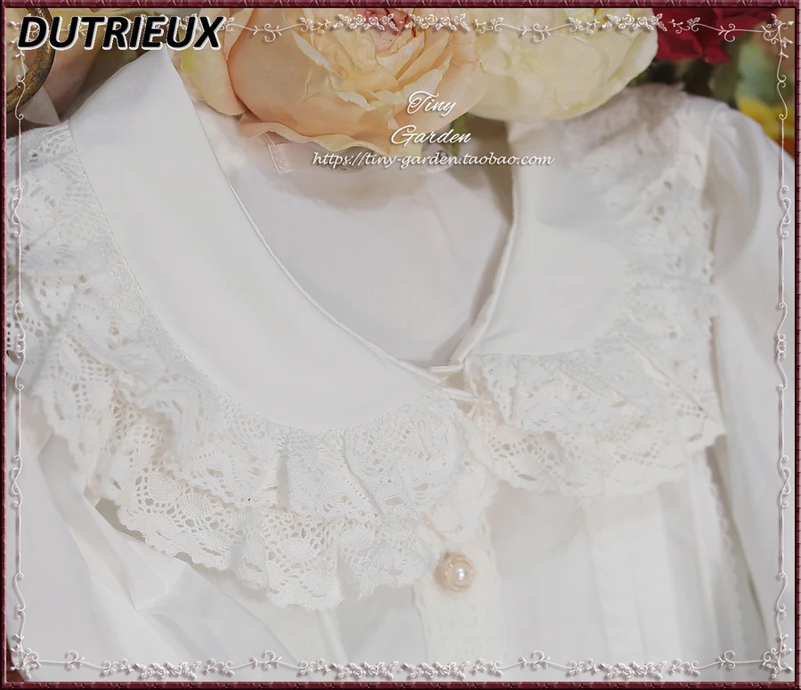 반팔 코튼 레이스 셔츠, 인형칼라, 싱글브레스트, 단색, 다용도 상의, 귀엽고 우아한, 여름 신상