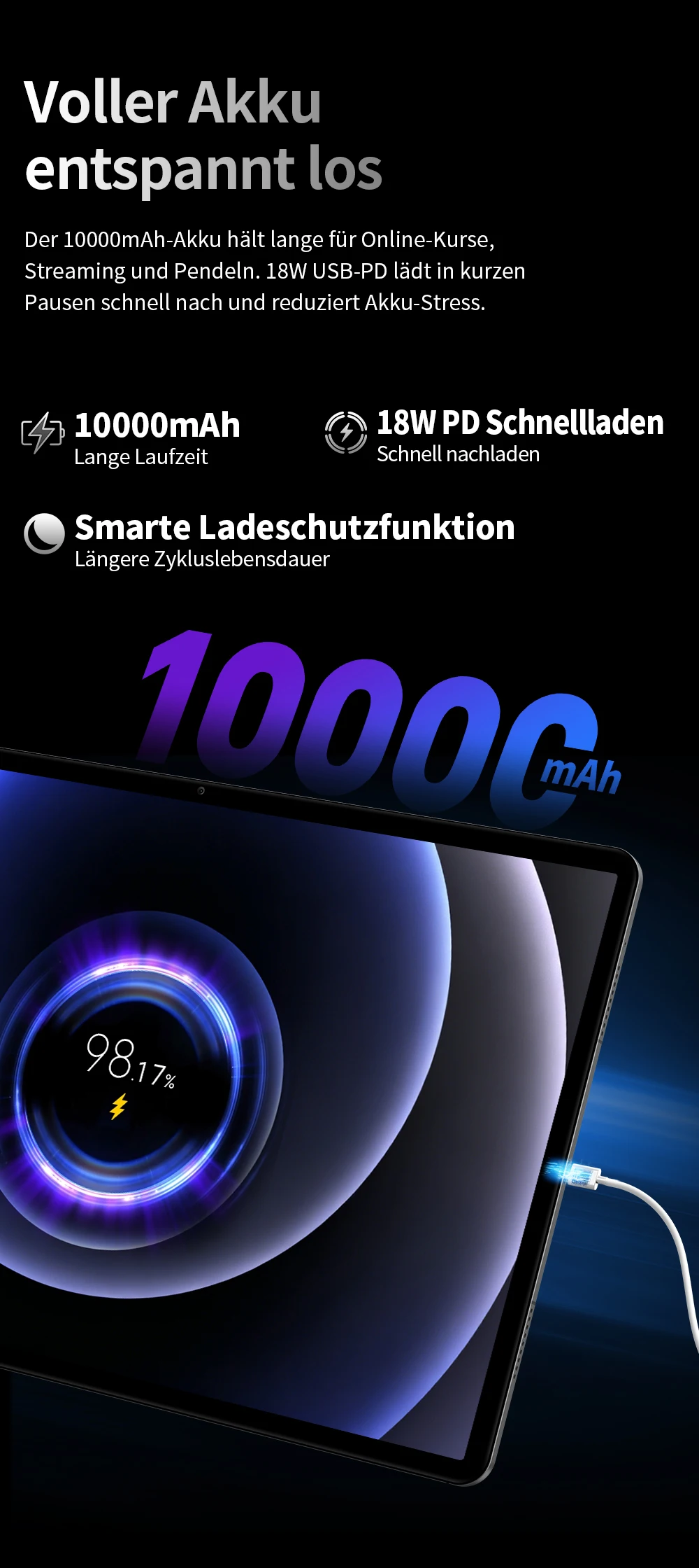 Teclast T70Pro Android 16 Tablet mit Gemini AI, 14 Zoll IPS 2240x1400 Display, G100 Octa-Core, 8GB RAM+40GB erweiterter RAM, 128GB UFS-Speicher, 1TB Micro-SD-Erweiterung, Dual-SIM 4G LTE, 10000mAh Akku, 18W PD-Ladung – Detail 14