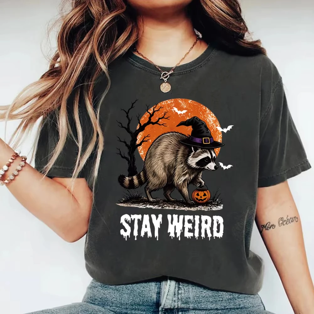 Viral Raccoon Meme T-shirt Stay Weird Jimothy Raccoon Halloween Tshirt Witch Raccoon Graphic Tee Spooky Pumpkin Fall Tees Tops