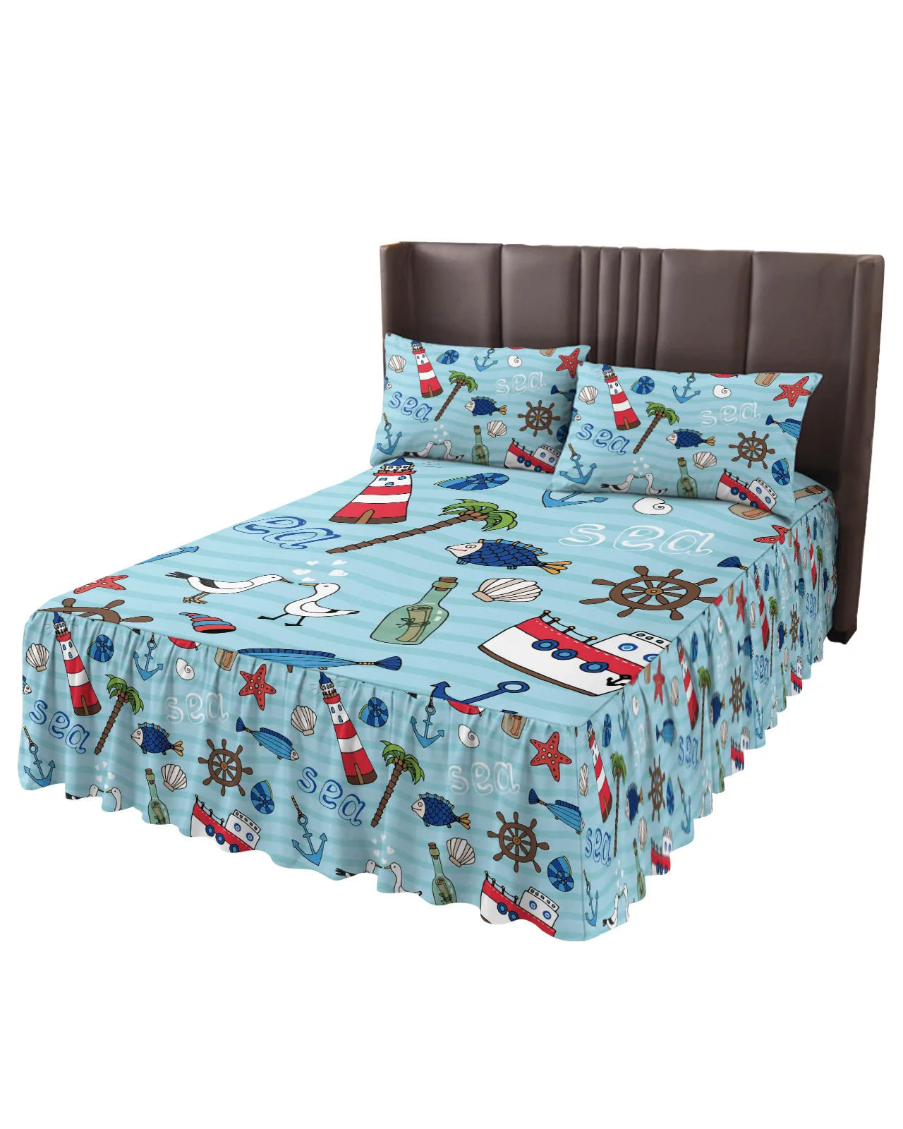 Sea Element Lighthouse Cruise Ship Seagull Bed Skirt Fitted Bedspread With Pillowcases Mattress Cover Bedding Set Bed Sheet