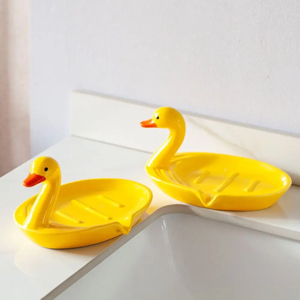 Portable Cute Animal Duck Ceramic Soap Dish Creative Cartoon Soap Holder Easy Cleaning Self Draining Drain Storage Rack Shower