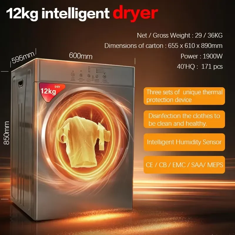 12kg Automatic Stainless Steel Condenser Tumble Dryer Class A Energy Efficient Freestanding Laundry Machine Quiet