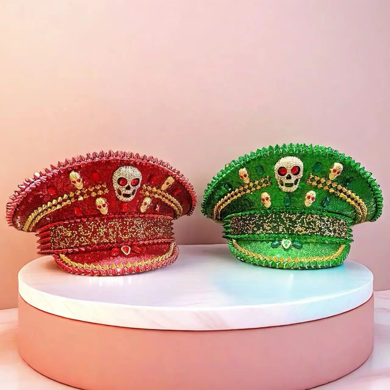 Halloween Steampunk Captain Hat Red Green Army Cap Rhinestone Rivet Skull Halloween Hat Outdoor Adult Party Festival Music Party