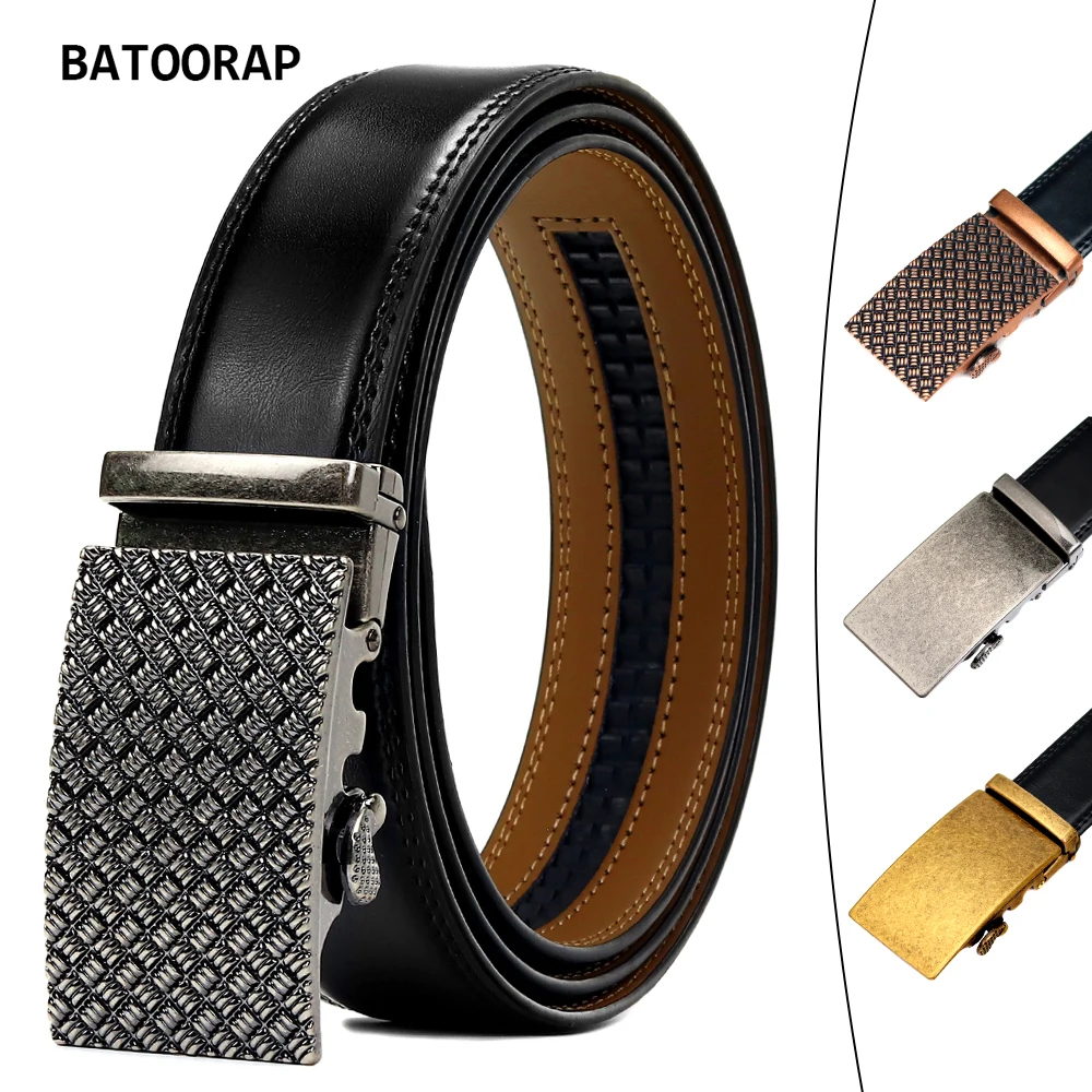 

BATOORAP Leather Belt For Men Cow Genuine Weave Print Vintage Metal Automatic Buckle Fashion Black Trouser Straps 110CM-130CM