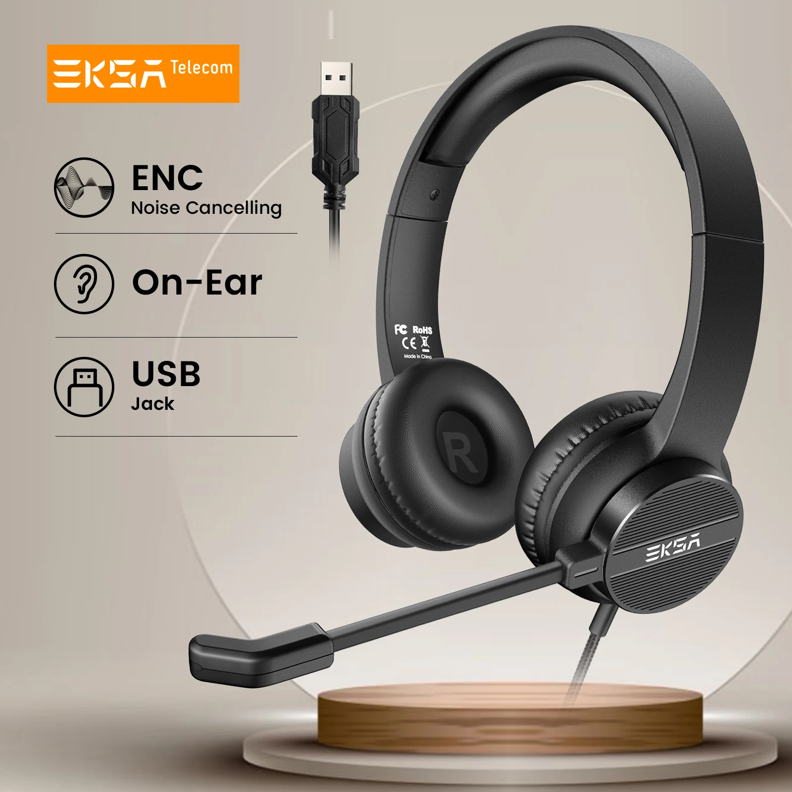 EKSA H12E USB Wired Office Headset, On-Ear Computer Headphones, 2 Mics ENC Call Cancelling Noise, for PC Call Center/Skype