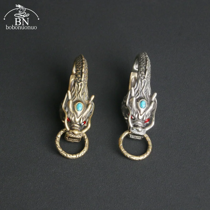 Copper Dragon Head Car Keychain with Ring Vintage High-end Dragon Brass Keyring Pendant Luxury Men Spring Key Chain Accessories