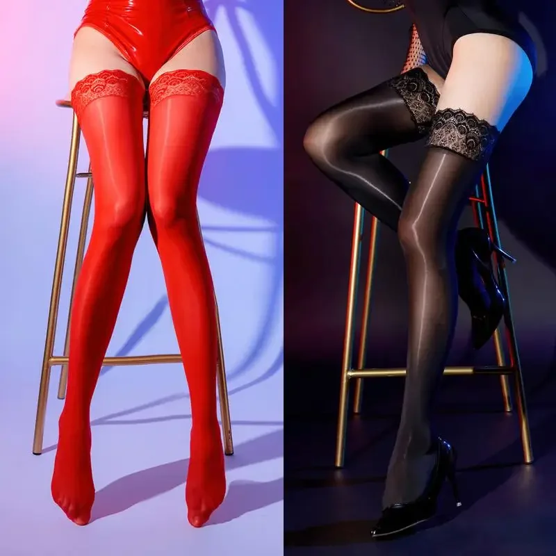 

Sexy Horse Oil Shinny Stretching Stockings With Silicone Non-Slip Lace Trim Thigh High Socks Summer Ultra Thin Hosiery