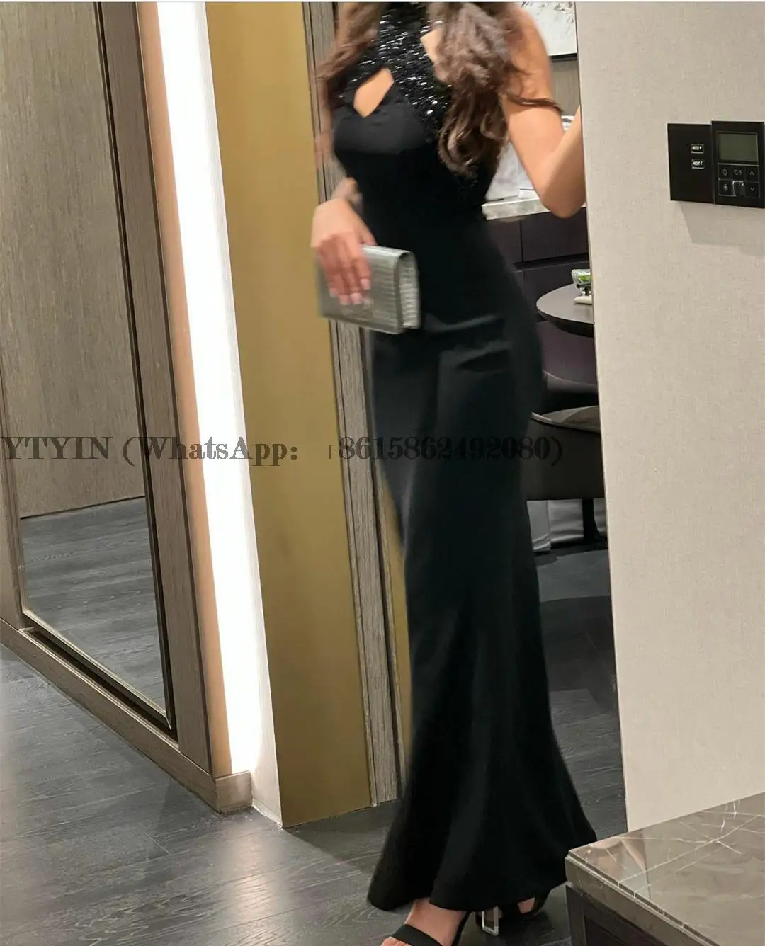 Black Beaded Evening Dresses With Slit  فساتين السهرة Mermaid Halter Floor Length Prom Dress Robe de soirée for Women Customized