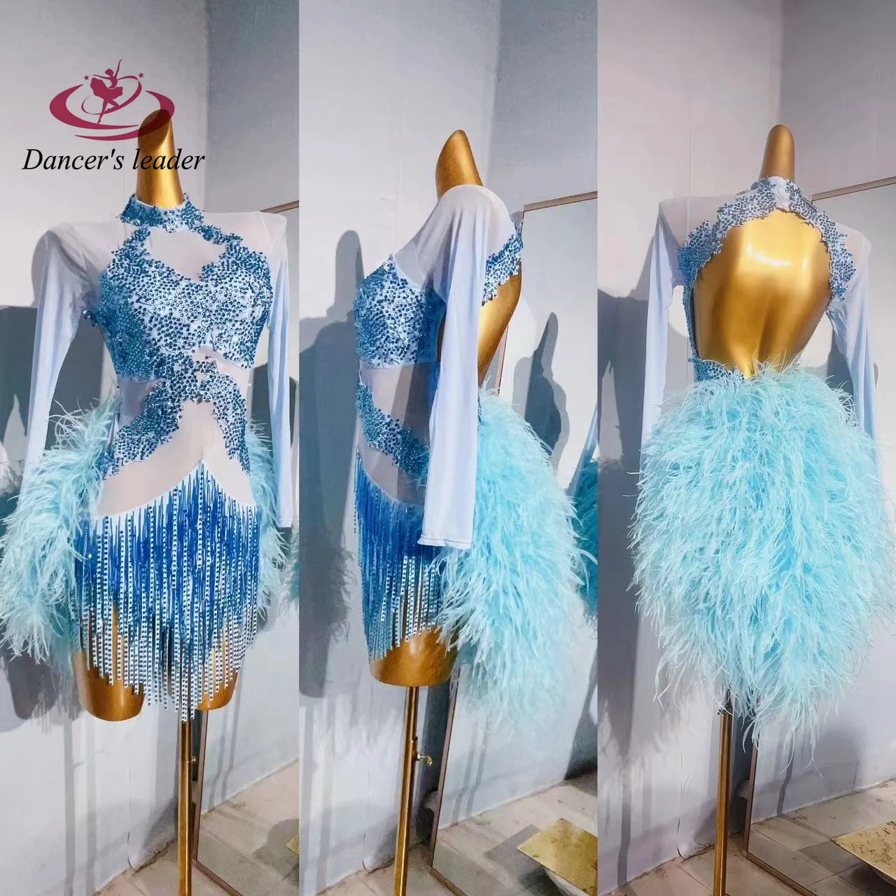 Latin Dance Women's High end Customized Mesh Fluffy Tail Flower Clothing Samba Art Performance Clothing High Flash Dress