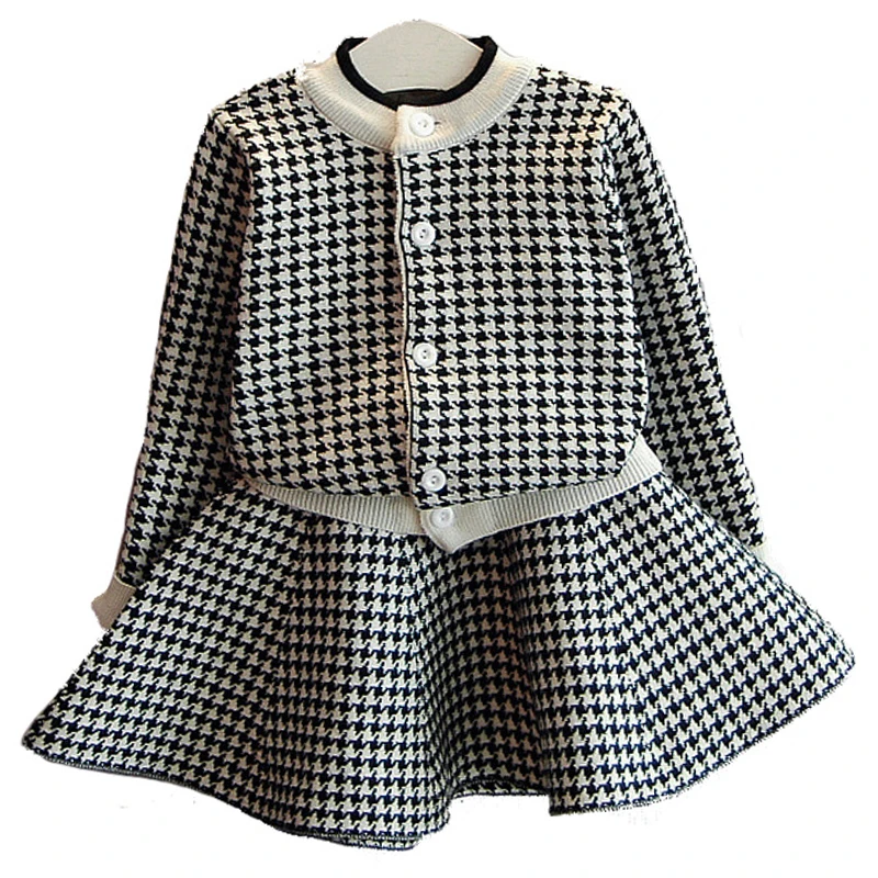 

2Piece Spring Autumn Kids Clothes Girl Korean Outfit Set Fashion Plaid Toddler Knit Sweater+Skirt Baby Boutique Clothing BC1268