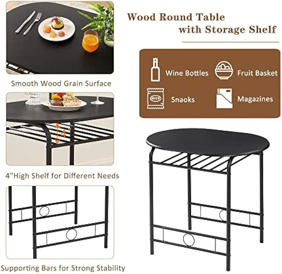 3 Piece Small Round Dining Table Set for Kitchen Breakfast Nook, Wood Grain Tabletop with Wine Storage Rack, Save Space