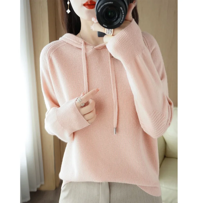 

Весенняя новая шерстяная женская свободная повседневная толстовка с капюшоном, однотонный короткий стильный пуловер, вязаная толстовка