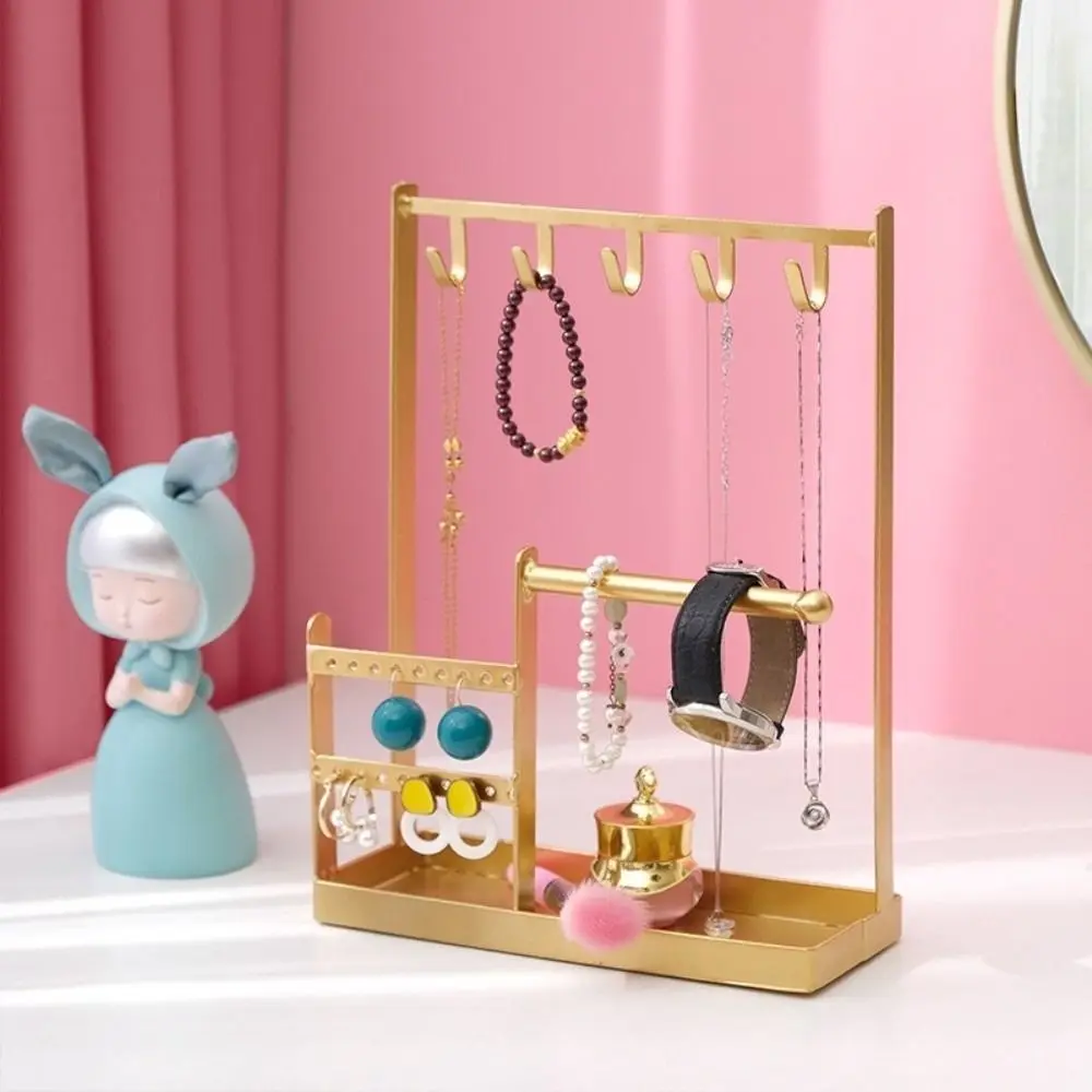 

Metal Jewelry Display Rack Hanging Hook Multifunctional Necklace Storage Rack with Tray Dish Desktop Organizer