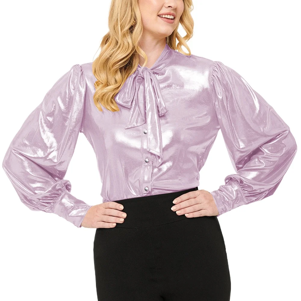 

Plus Size Elegant Long Sleeve Button-Up Shirt for Women Sparkling Bow Tie Female Blouse Liquid Metallic Casual Formal Shirt Tops