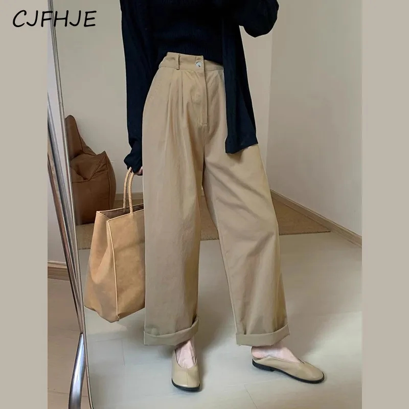 CJFHJE-Calça de perna larga monocromática feminina, casual clássica solta, cintura elástica, moda coreana, nova, outono