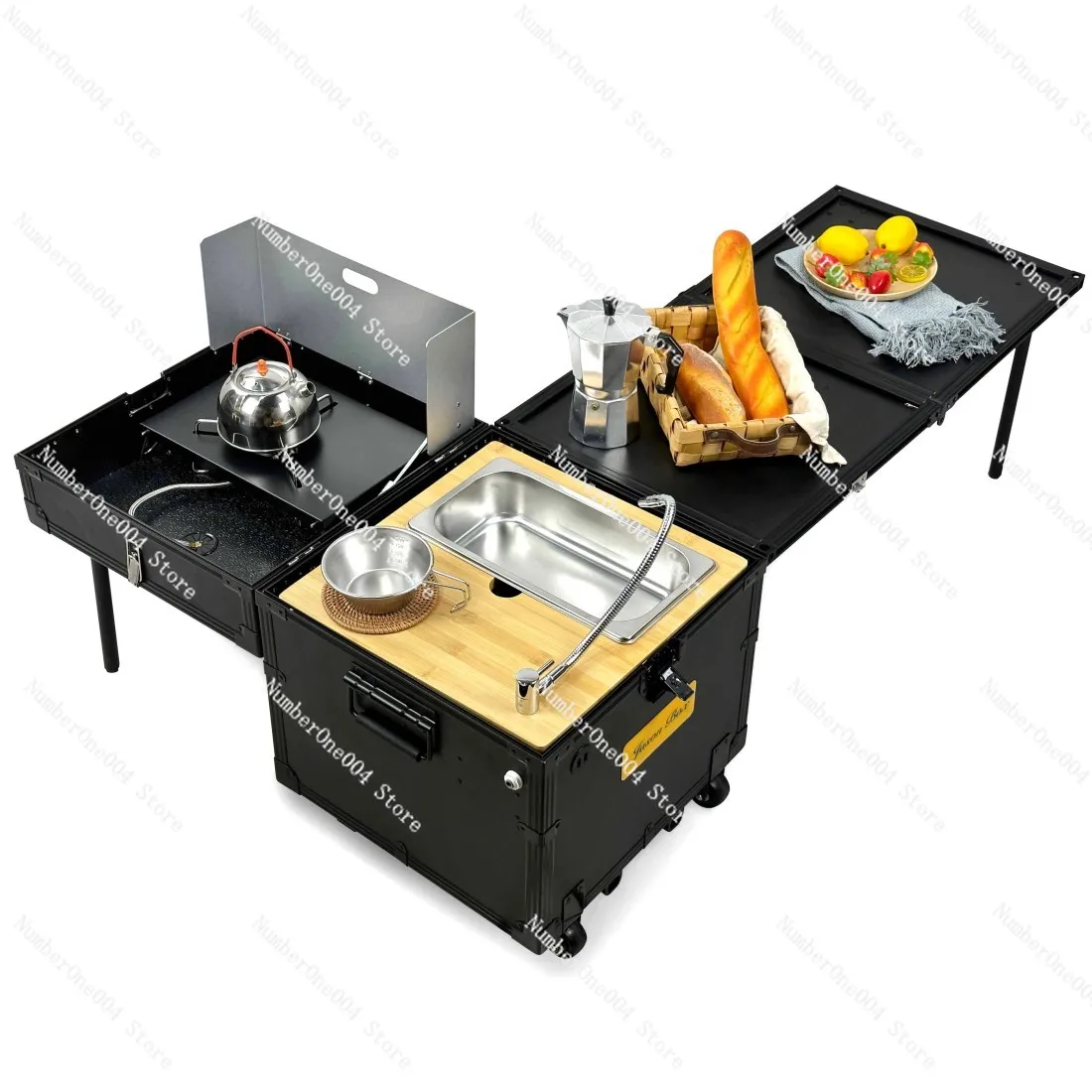 Outdoor Mobile Kitchen Car Multifunctional Kitchen Box Camping Picnic Grill BBQ Folding Table Portable Wheel