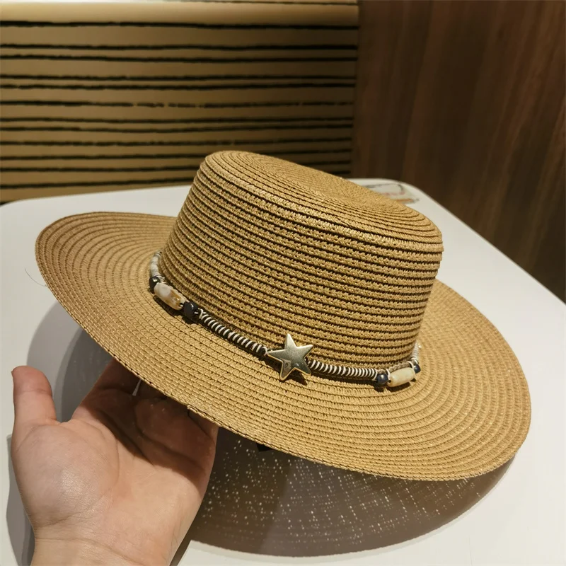 Sun Hat Straw Hat Wide Brim Sun Protection Flat Top Woman 2024 Khaki Beige Summer Spring Beach Casual Outdoor Gorras Para Mujer