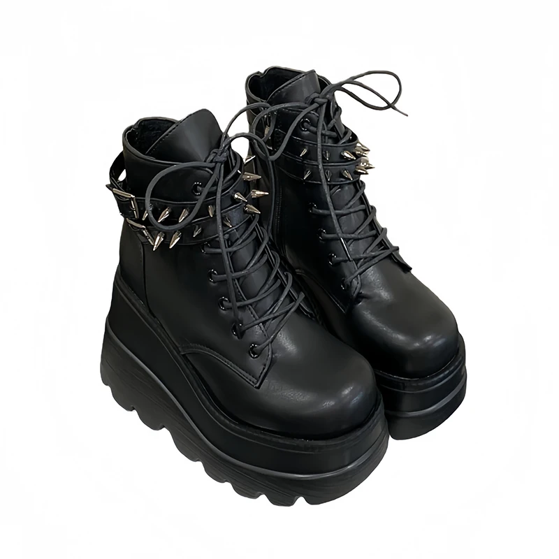 

10cm Wedge Ankle Boots Fall Rivet Chunky Platform Shoes Punk High Heels Boots Black Heels For Woman Plus Size 43