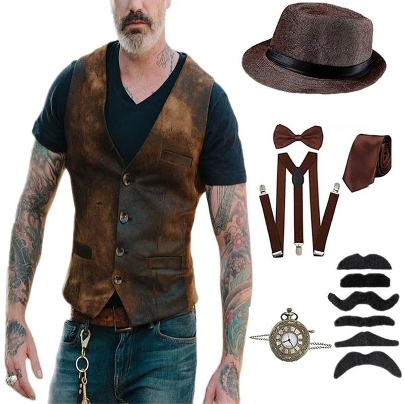 

1920s Costume Accessories Set Steampunk WaistCoat Gangster Vest Pocket Watch 1920s Men Gatsby Cosplay Beard