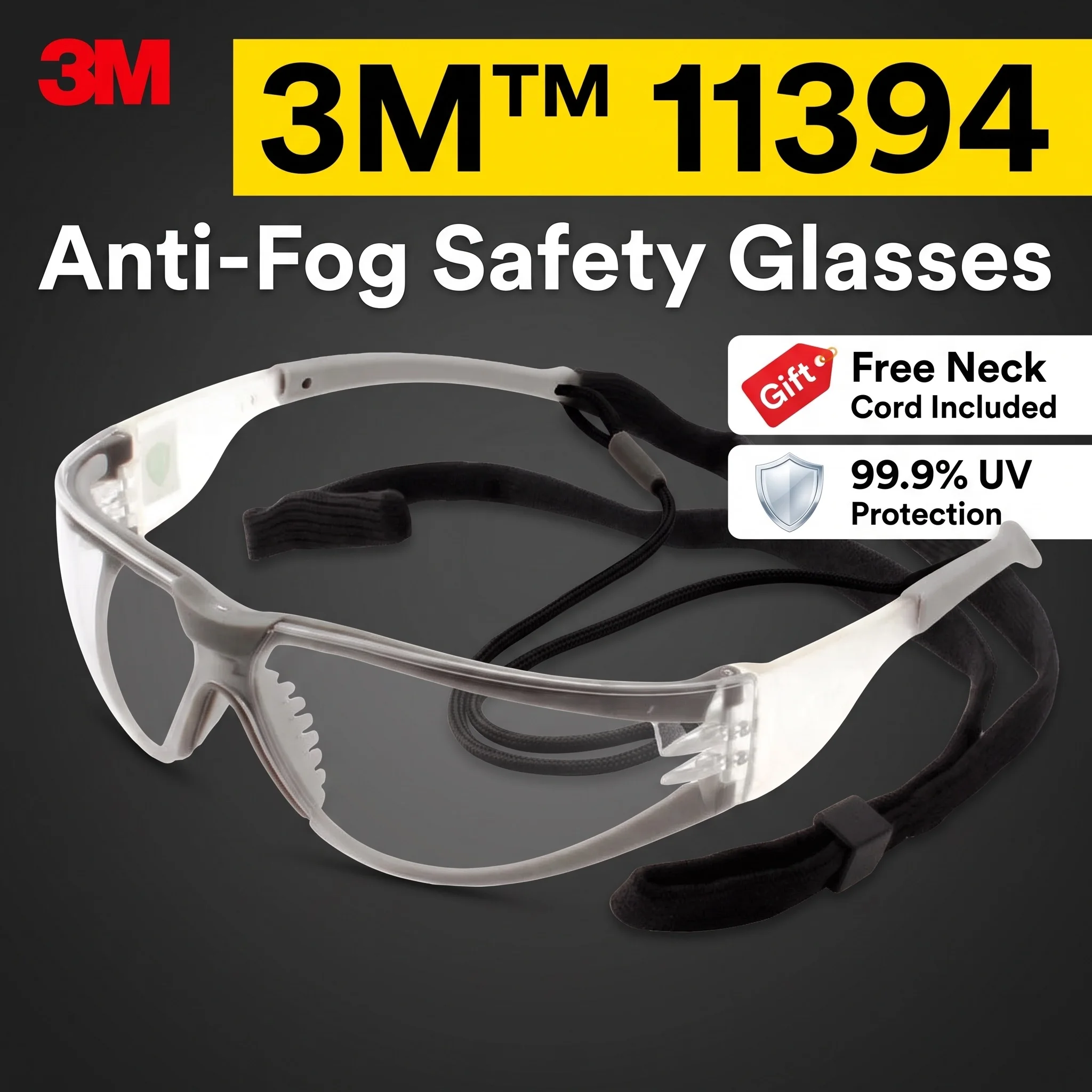 3M Safety Glasses Clear Anti Fog Protective Eyewear Impact Resistance UV Protection Comfortable Work Safety with Lanyard Strap