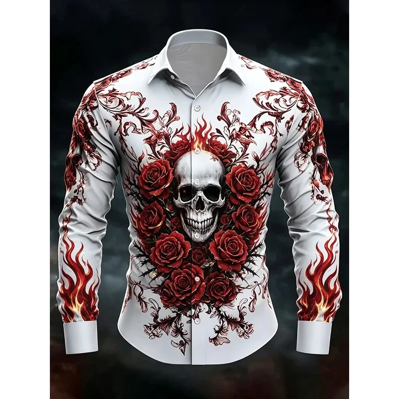 Men's Red Rose Flame Skull Vintage Gothic Print Long Sleeve 3DShirt Lapel Button Tops For Night Club Halloween Theme Party Outfi