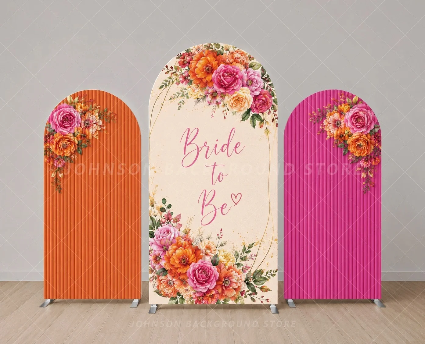 Bride to Be Arch Backdrop Cover Pink Orange Floral Rose flower Three Panel Bridal Shower Wedding Background
