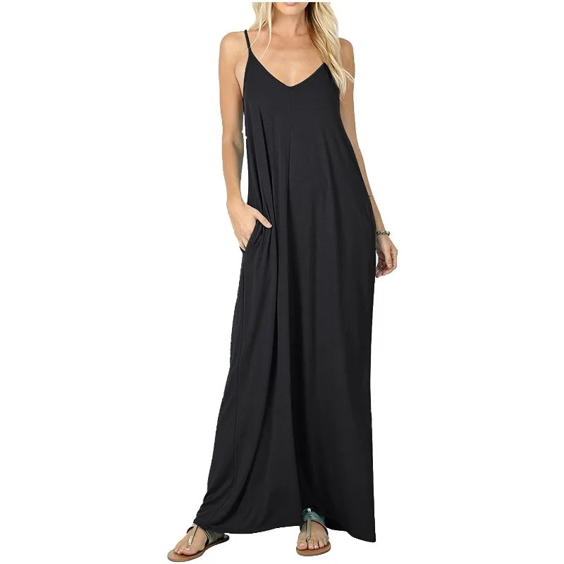 2026 Damen Maxikleid, einfarbiges trägerloses, locker sitzendes V-Ausschnitt-Kleid mit Bindegürtel und Taschen, elegantes Freizeit-Loungewear-Kleid im Y2K-Stil