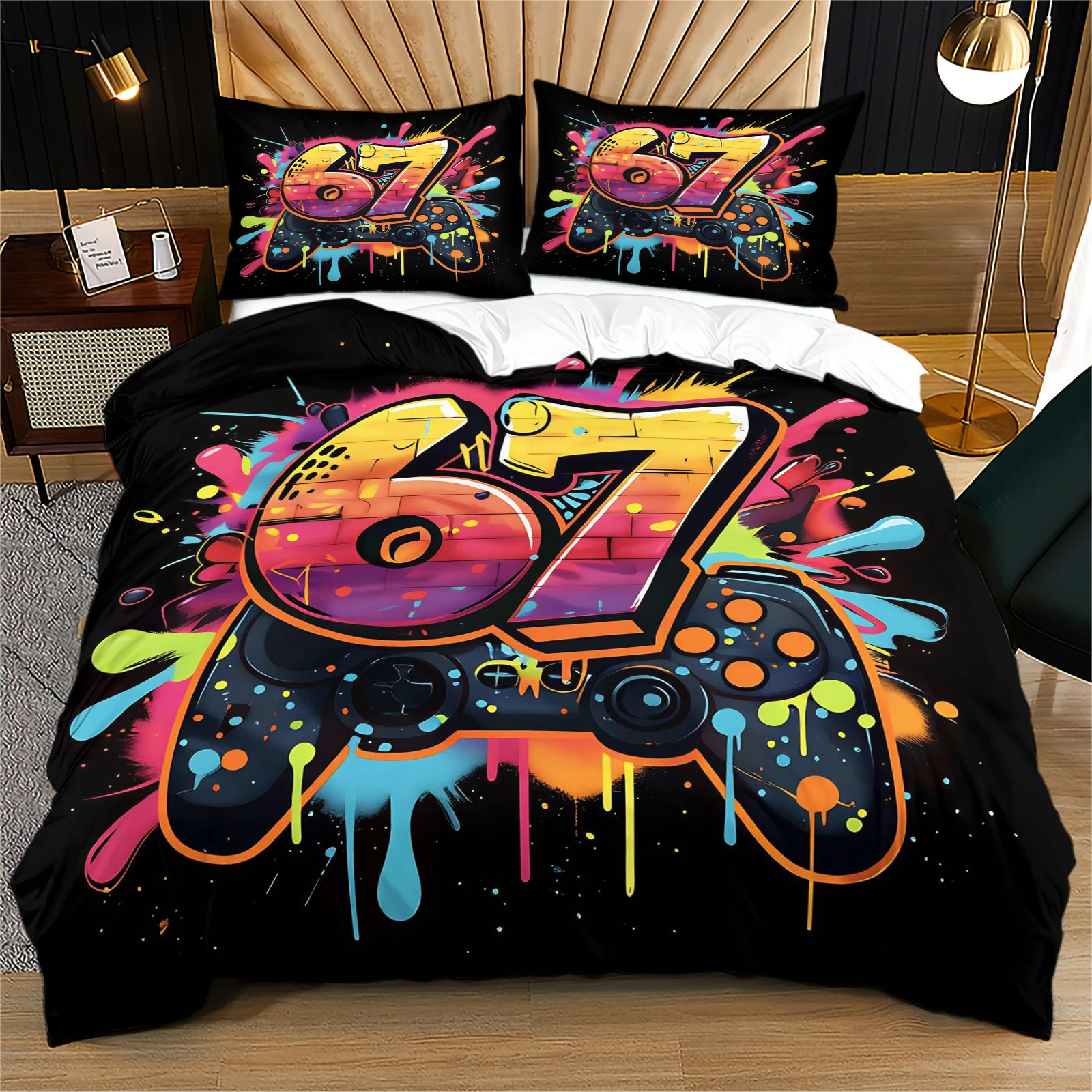 Parure de lit Esports colorée avec motif graffiti urbain sur fond noir, contrôleur de jeu numéro 67, peinture goutte à goutte, 2/3 pièces