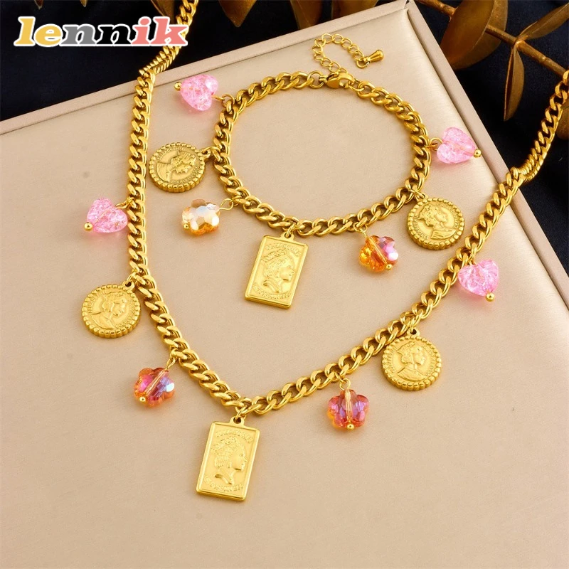 LENNIK อเนกประสงค์ Retro แฟชั่นผีเสื้อภาพสร้อยคอจี้สร้อยข้อมือหรูหรา High-end ชุดเครื่องประดับสแตนเลส