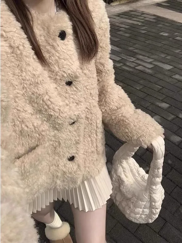 Jaet de piel de cordero caqui para mujer, abrigo informal holgado de invierno, versátil, coreano, novedad de 2025