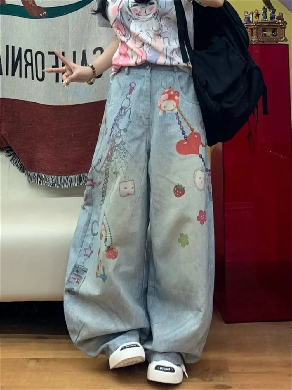 سراويل جينز نسائية أمريكية ريترو واسعة تناسب فضفاضة من قماش الدنيم Y2k فيبي سراويل واسعة الأرجل سراويل عالية الشارع يابانية جديدة