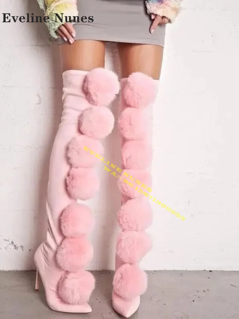 Sweet Fur Pom Pom Suede Pink Thigh High Boots Pointed Toe Thin Heel Pull On Sexy Women Stretch Boots Catwalk Runway Show Shoes