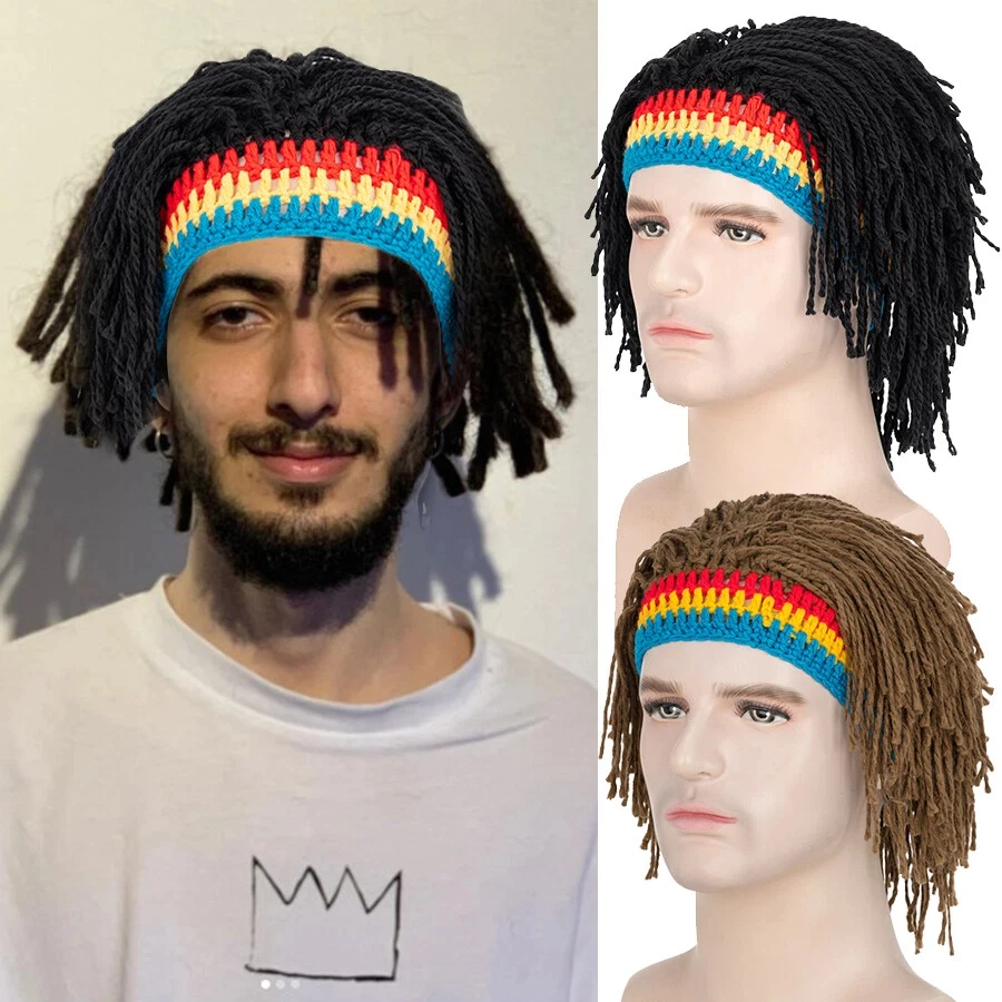 Fashion Reggae Knitted Wig Beanie for Women Men Party Dress Up Hat Black Brown Rainbow Braids Trendy Individuality Fake Headgear