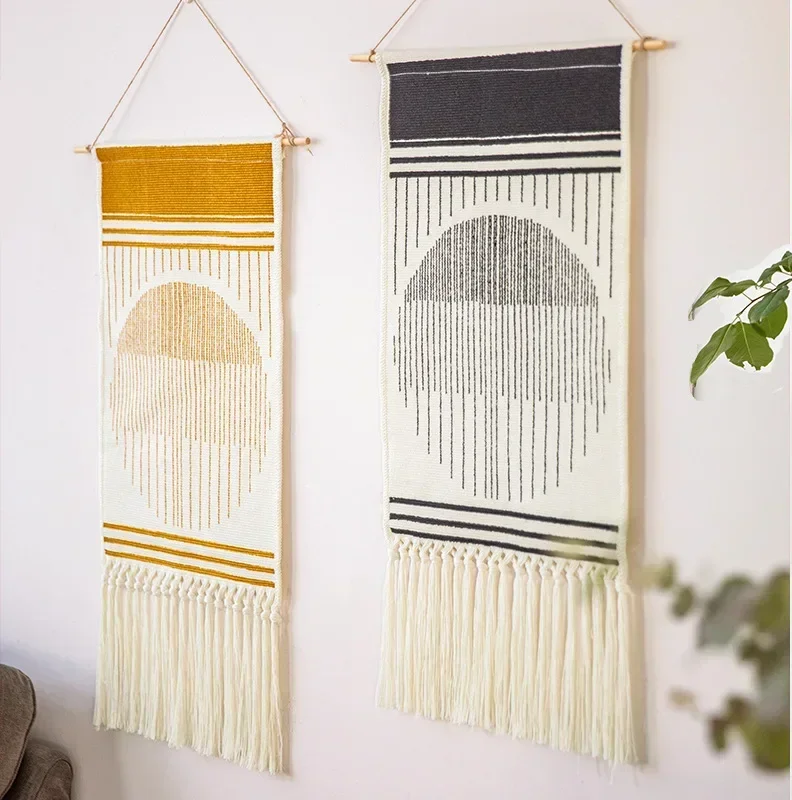 

Nordic Style Home Boho Decor Cotton Tassel Handmade Woven Wall Hanging Tapestry Colorful Printing Hand Knotted Wall Decoration