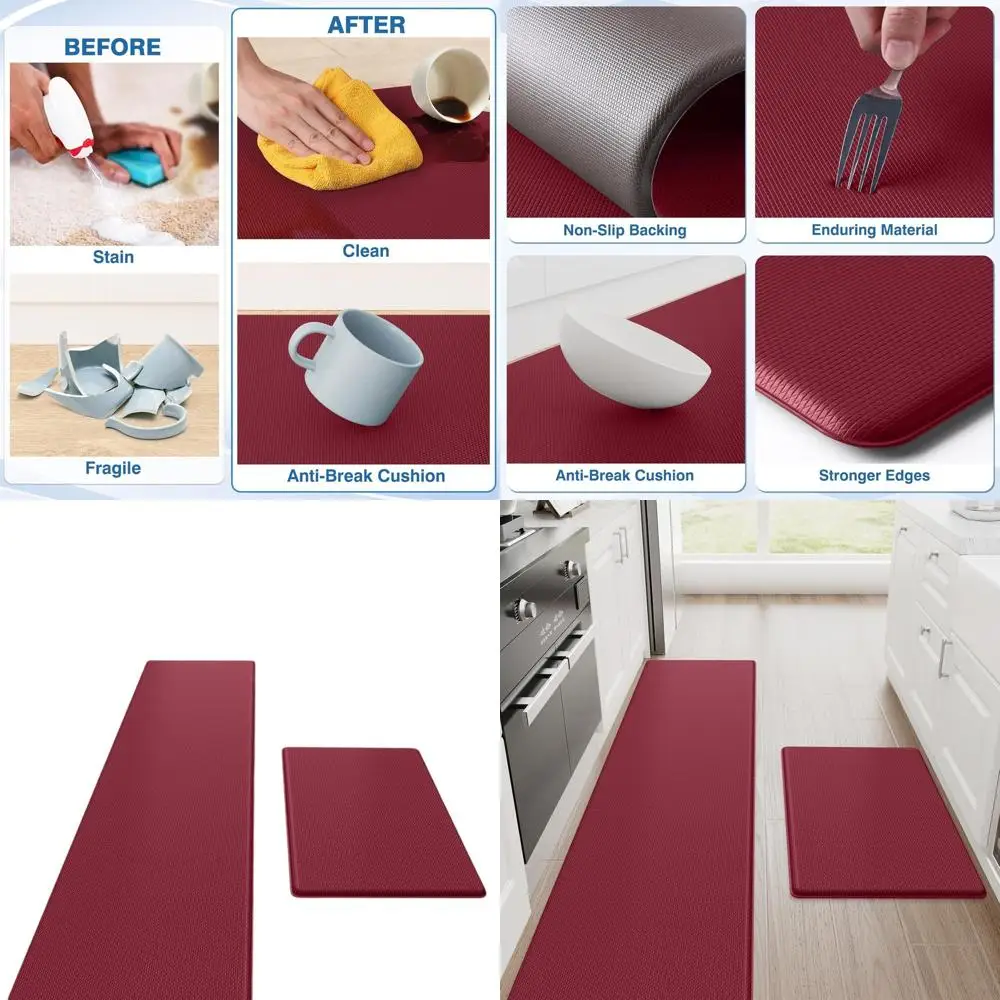 

Мягкие кухонные коврики против усталости, нескользящие напольные коврики, набор водонепроницаемых ковриков, 17,3x30 и 17,3x70, красный