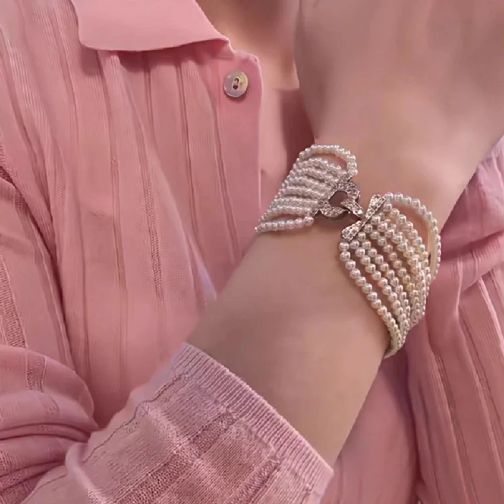 8-row/exquisite bracelet AAAA 3-4mm natural Akoya white pearl bracelet 7.5-8 inch 925s