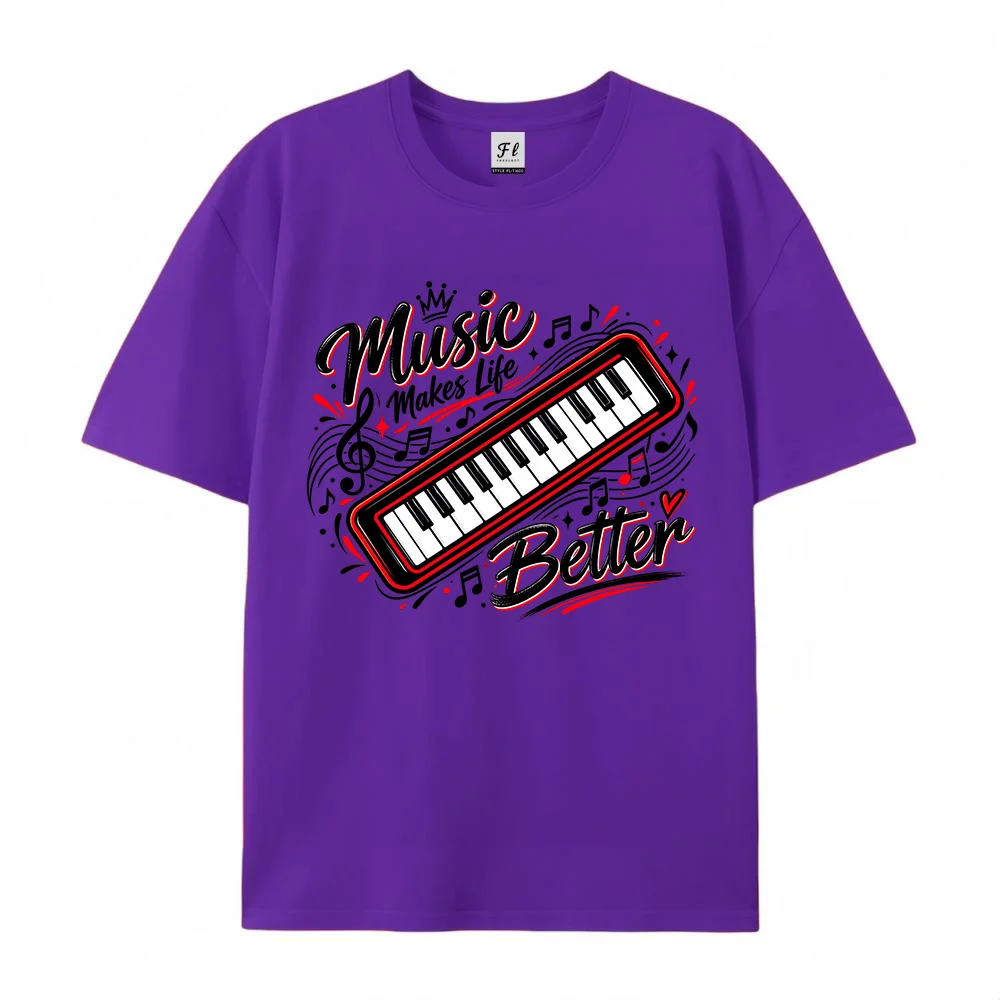 Women Music Makes Life Better Graphic T Shirt Keyboard Music Lover Print Casual Short Sleeve Top Vintage Streetwear Tee ﻿