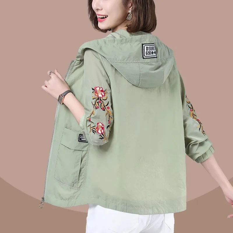 Summer Casual Hooded Women Jackets Loose Long Sleeved Embroidered Design Coat Middle Aged Mother Fashion Sunscreen Clothing