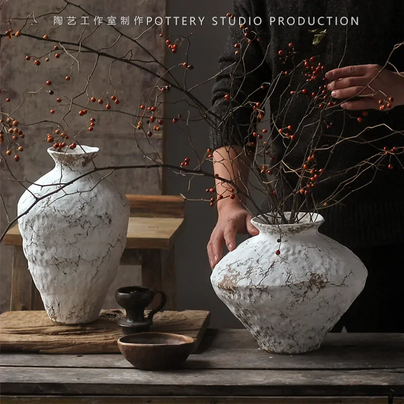 Retro White Snowflake Coarse Pottery Ceramic Vase Handmade Wabi‑Sabi Zen Flower Arrangement Dried‑Flower Ornament For Home Decor